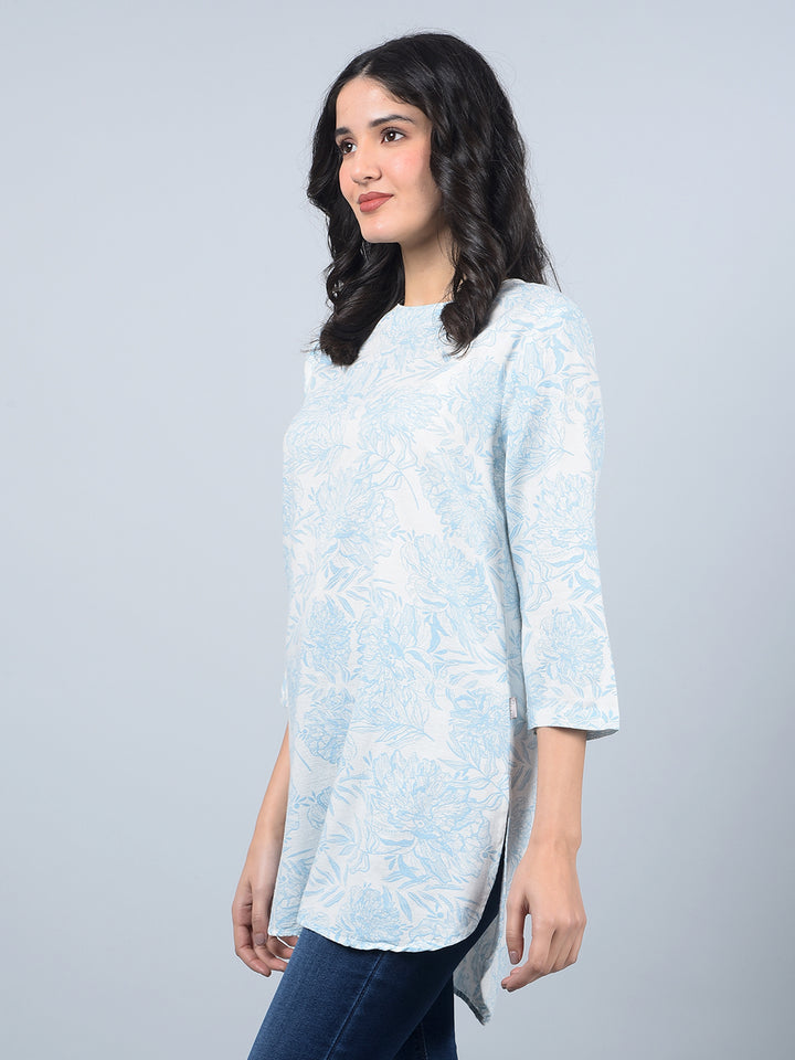 Blue Floral Print Linen Top-Women Tops-Crimsoune Club