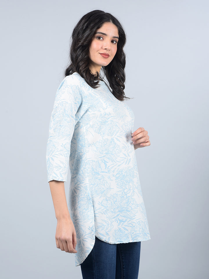 Blue Floral Print Linen Top-Women Tops-Crimsoune Club