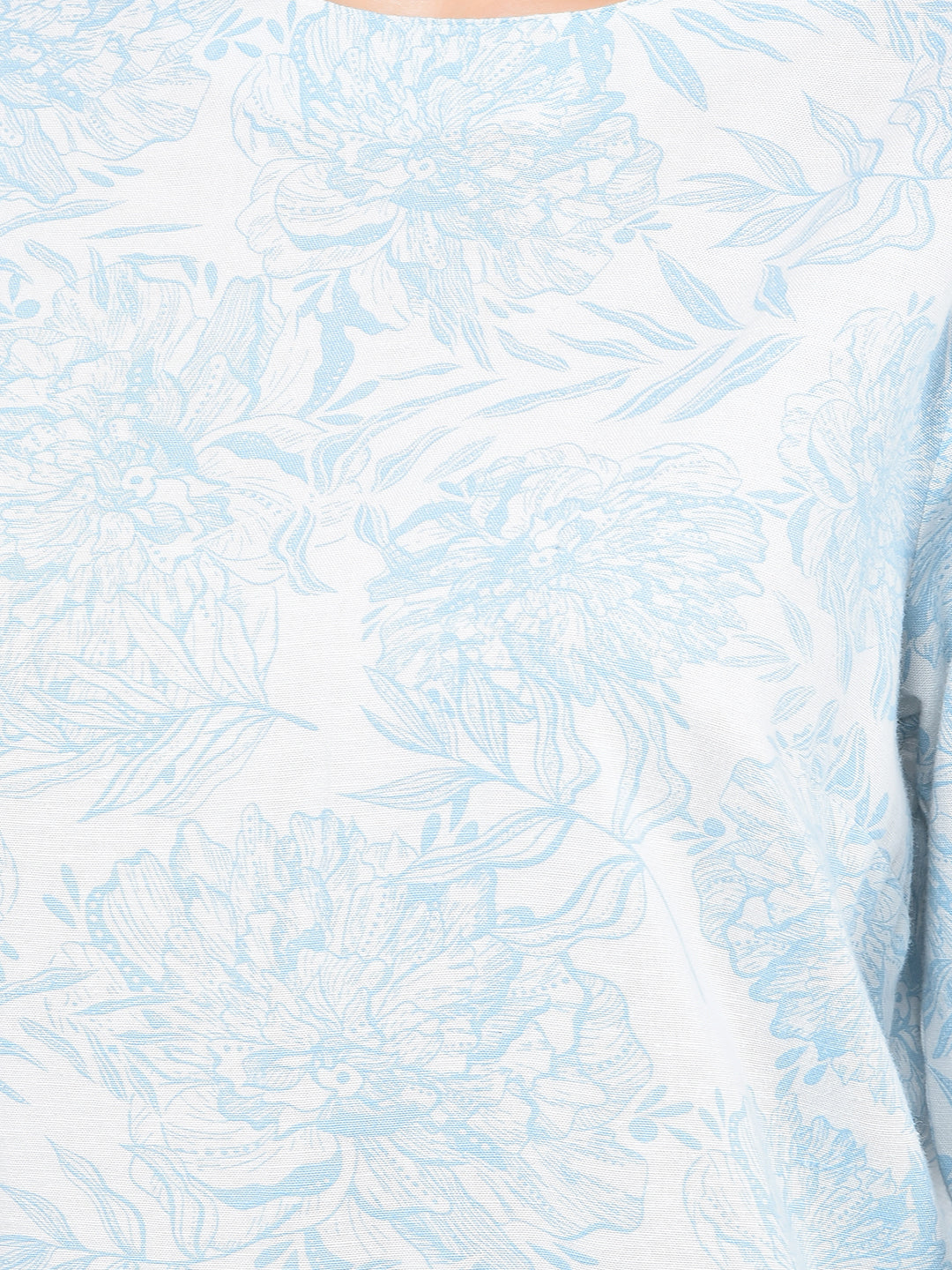 Blue Floral Print Linen Top-Women Tops-Crimsoune Club