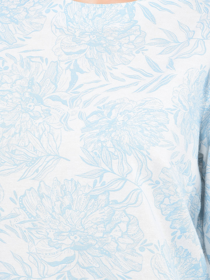 Blue Floral Print Linen Top-Women Tops-Crimsoune Club