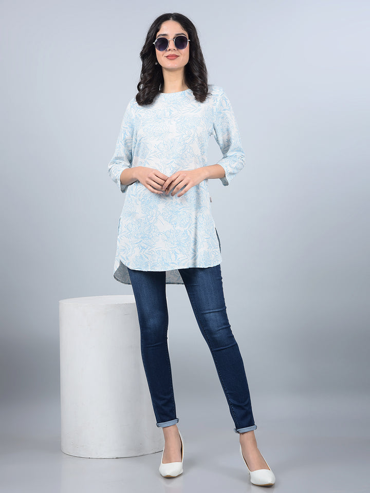 Blue Floral Print Linen Top-Women Tops-Crimsoune Club