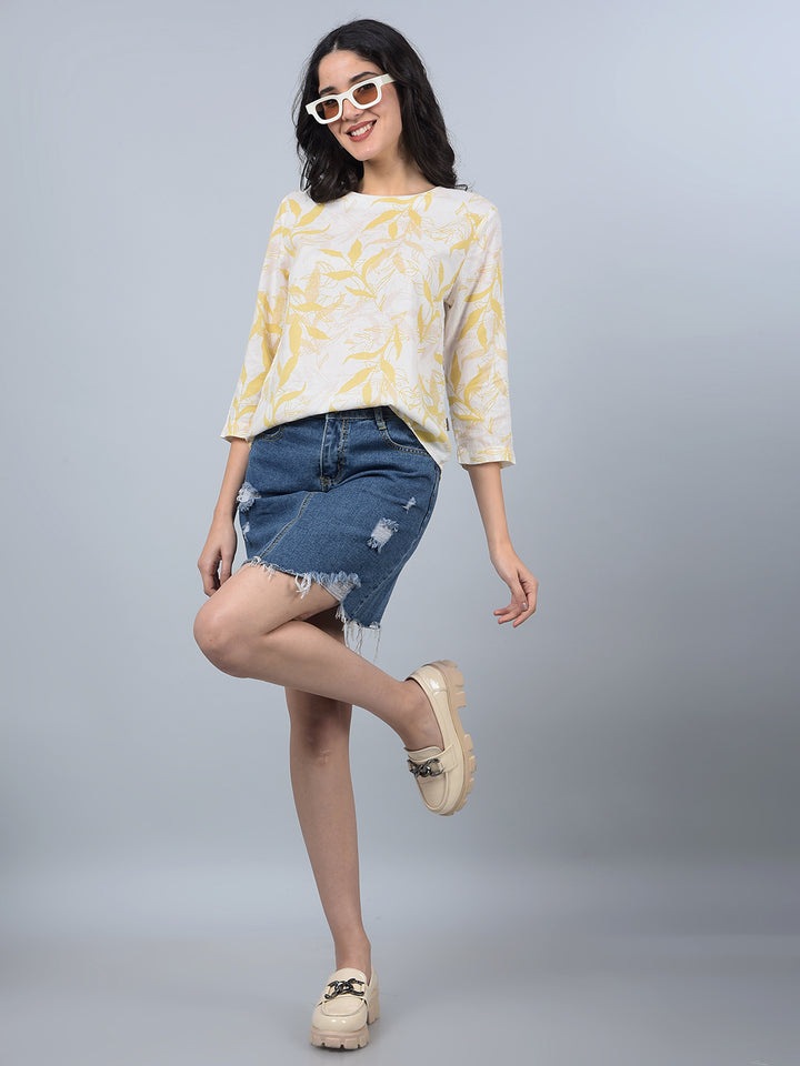 Mustard Floral Print Linen Top-Women Tops-Crimsoune Club