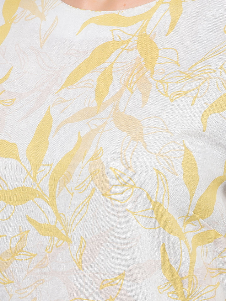 Mustard Floral Print Linen Top-Women Tops-Crimsoune Club