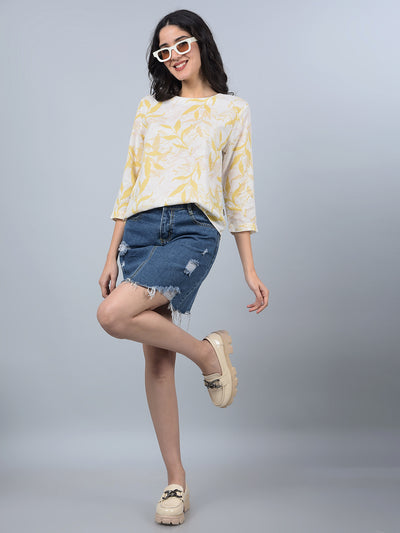 Mustard Floral Print Linen Top-Women Tops-Crimsoune Club