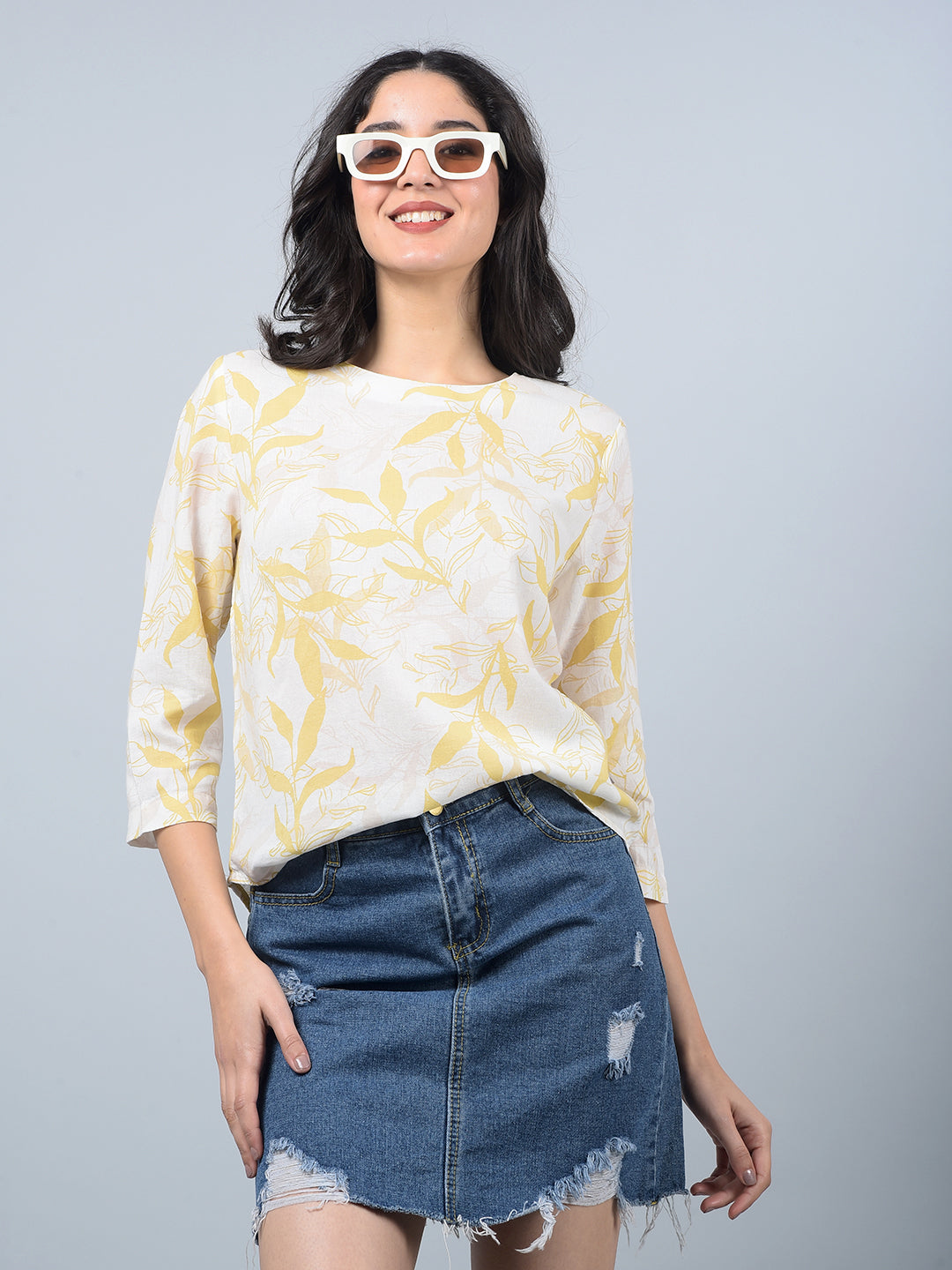 Mustard Floral Print Linen Top-Women Tops-Crimsoune Club
