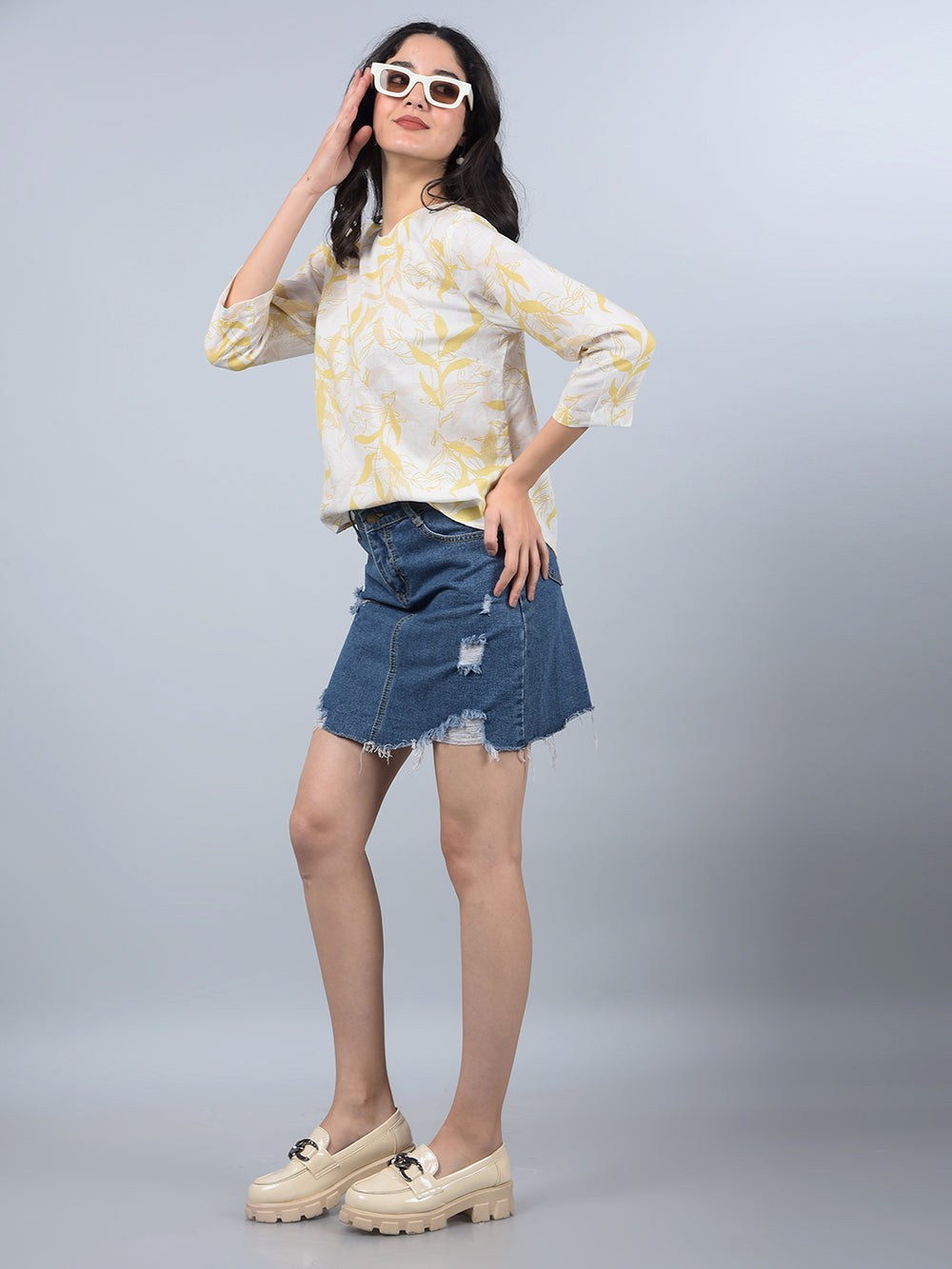 Mustard Floral Print Linen Top-Women Tops-Crimsoune Club