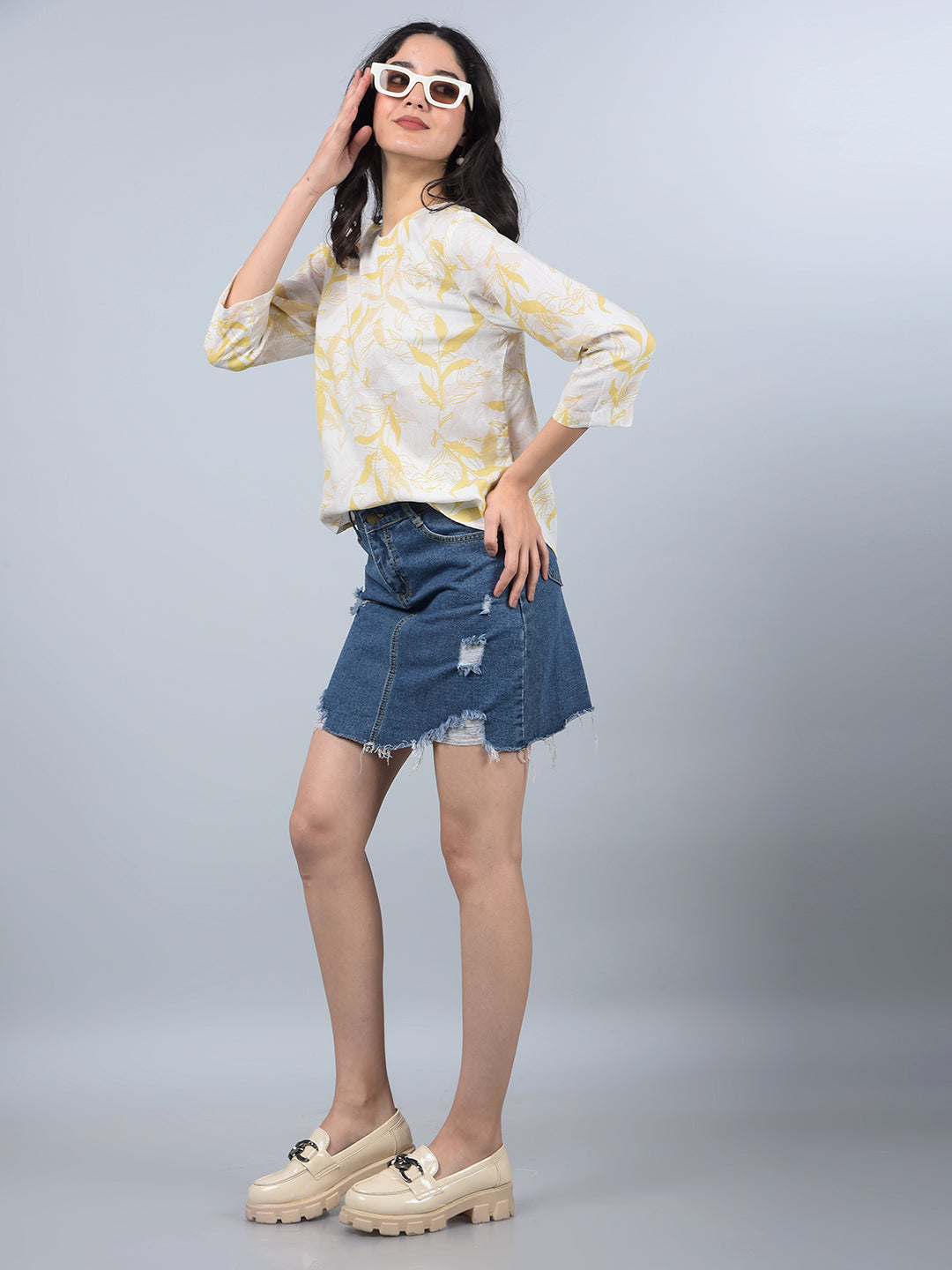 Mustard Floral Print Linen Top-Women Tops-Crimsoune Club