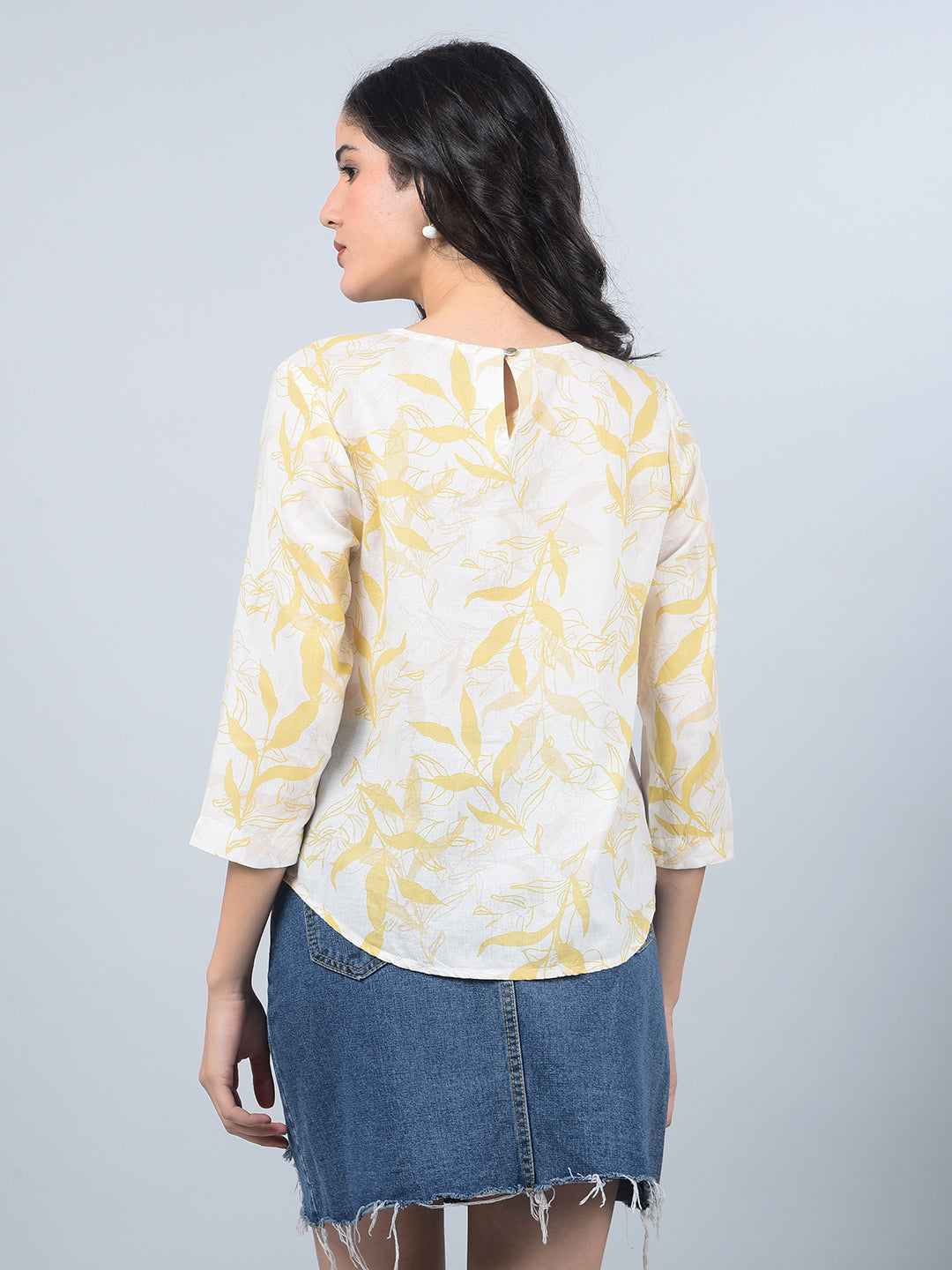 Mustard Floral Print Linen Top-Women Tops-Crimsoune Club