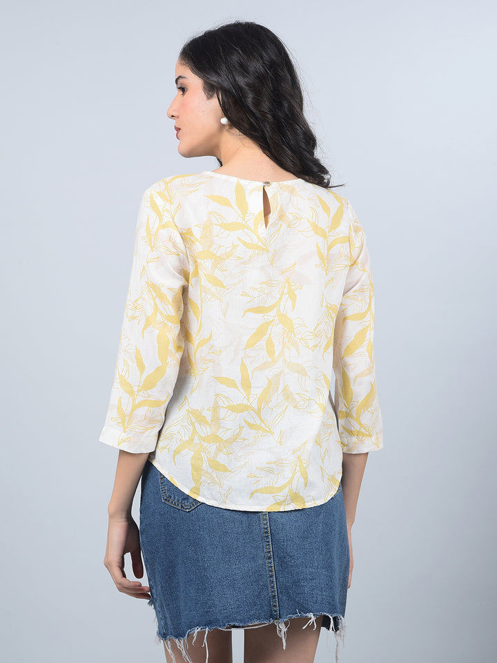Mustard Floral Print Linen Top-Women Tops-Crimsoune Club