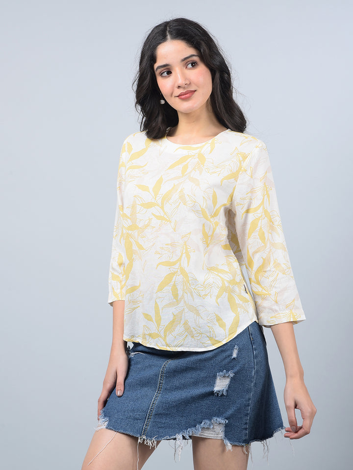 Mustard Floral Print Linen Top-Women Tops-Crimsoune Club