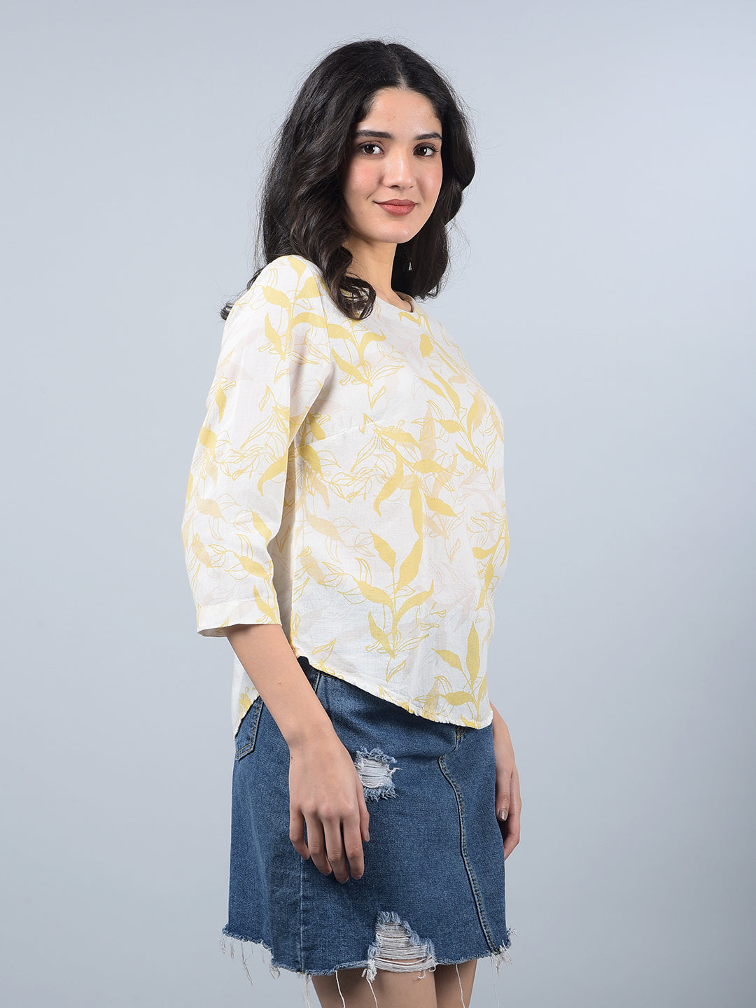Mustard Floral Print Linen Top-Women Tops-Crimsoune Club