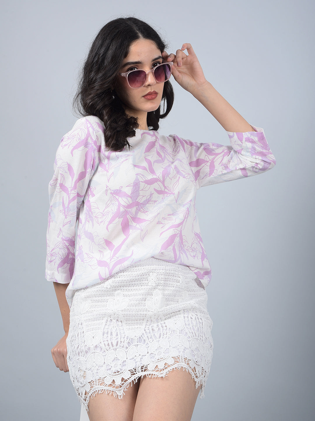 Purple Floral Print Linen Top-Women Tops-Crimsoune Club