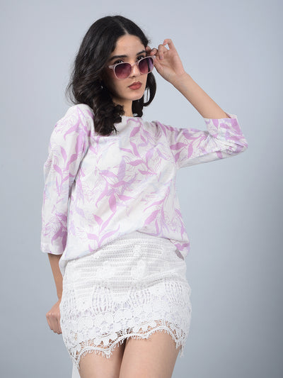 Purple Floral Print Linen Top-Women Tops-Crimsoune Club
