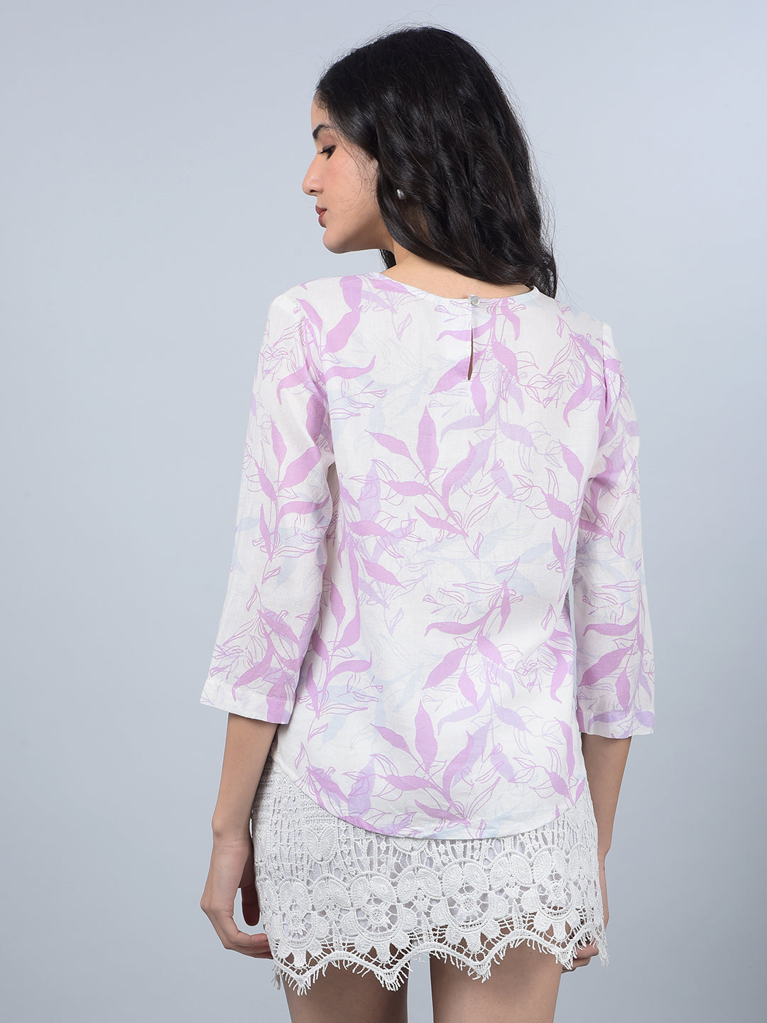 Purple Floral Print Linen Top-Women Tops-Crimsoune Club