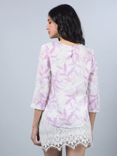 Purple Floral Print Linen Top-Women Tops-Crimsoune Club
