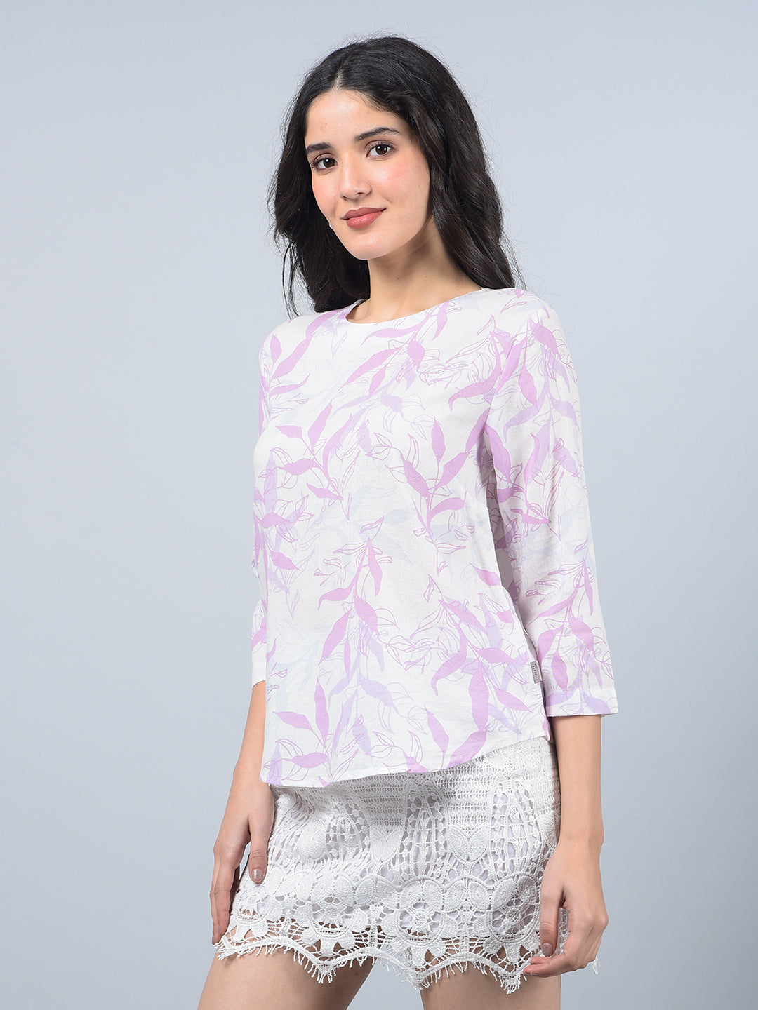 Purple Floral Print Linen Top-Women Tops-Crimsoune Club