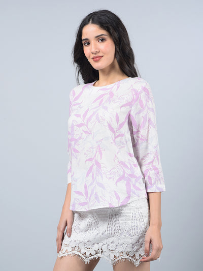 Purple Floral Print Linen Top-Women Tops-Crimsoune Club