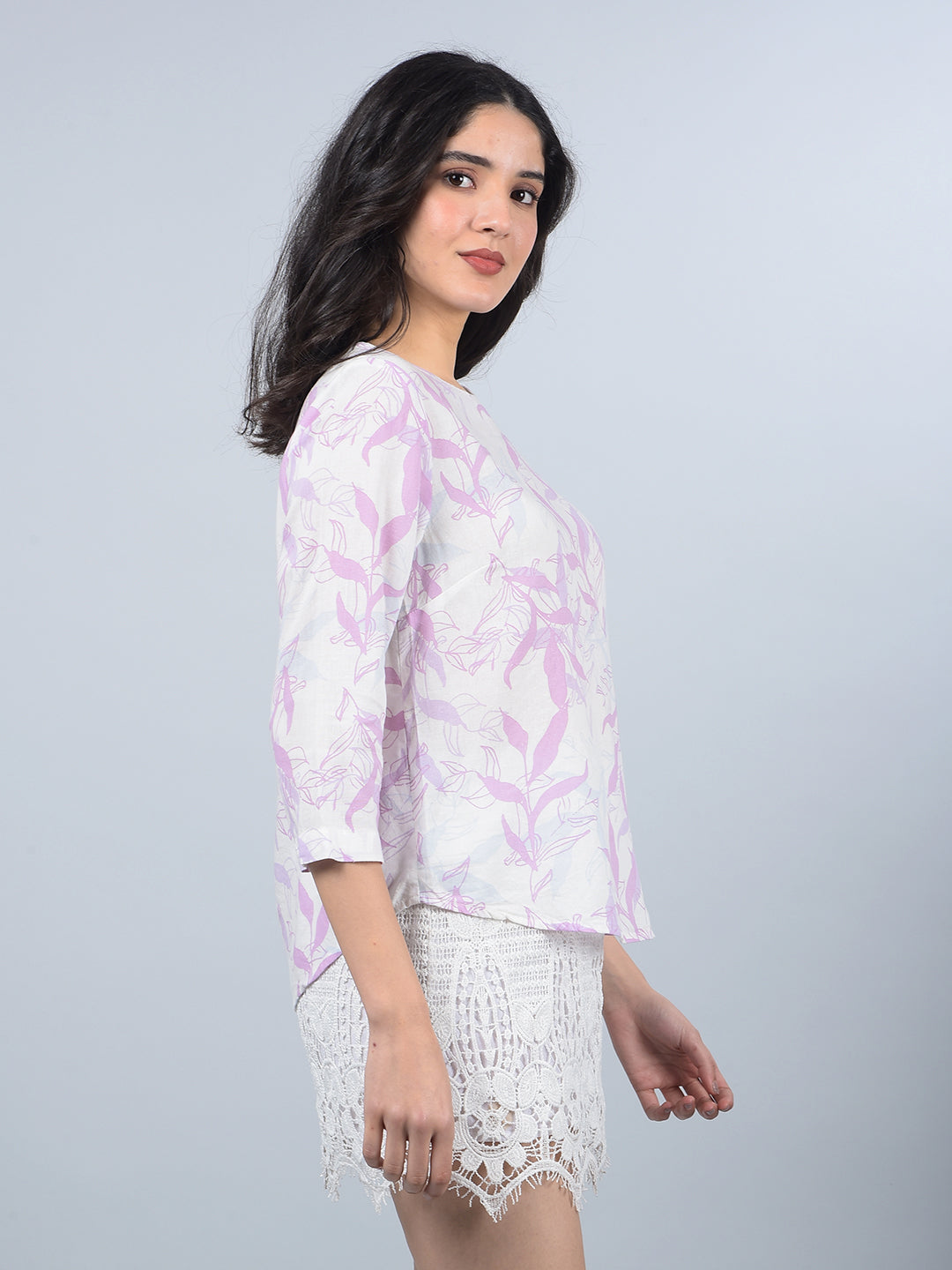 Purple Floral Print Linen Top-Women Tops-Crimsoune Club