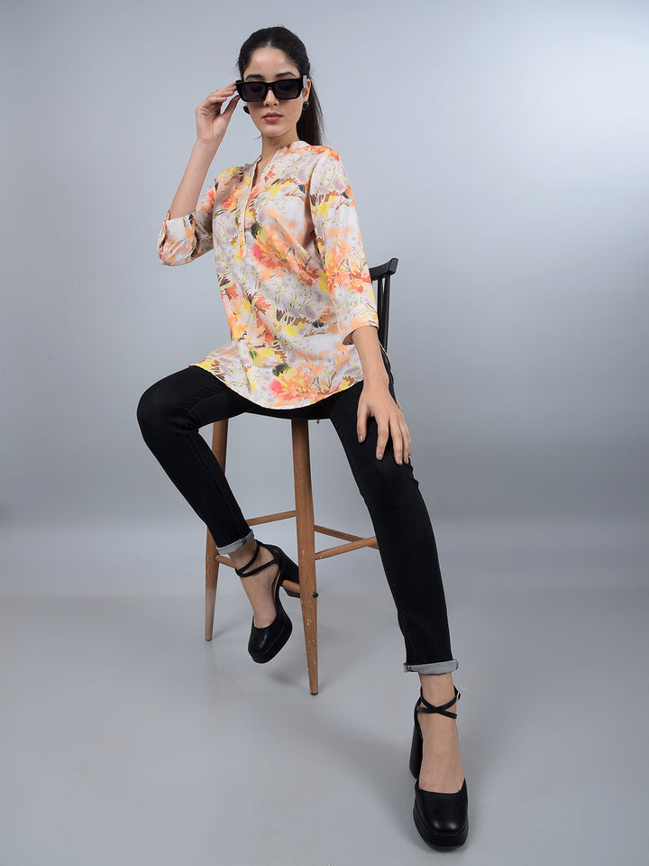 Orange Floral Print V-Neck Top-Women Tops-Crimsoune Club