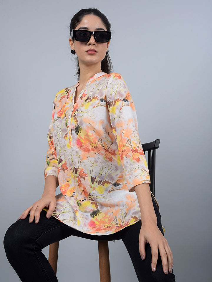 Orange Floral Print V-Neck Top-Women Tops-Crimsoune Club