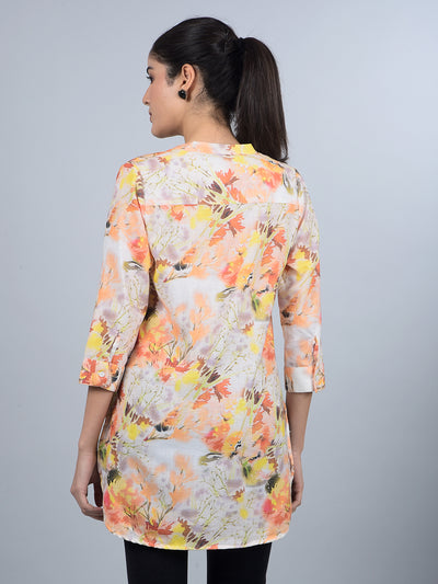 Orange Floral Print V-Neck Top-Women Tops-Crimsoune Club
