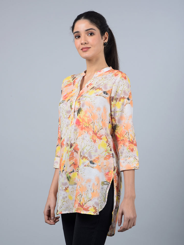 Orange Floral Print V-Neck Top-Women Tops-Crimsoune Club