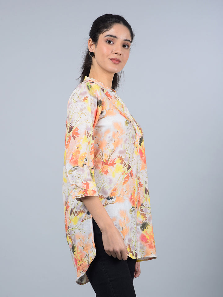Orange Floral Print V-Neck Top-Women Tops-Crimsoune Club