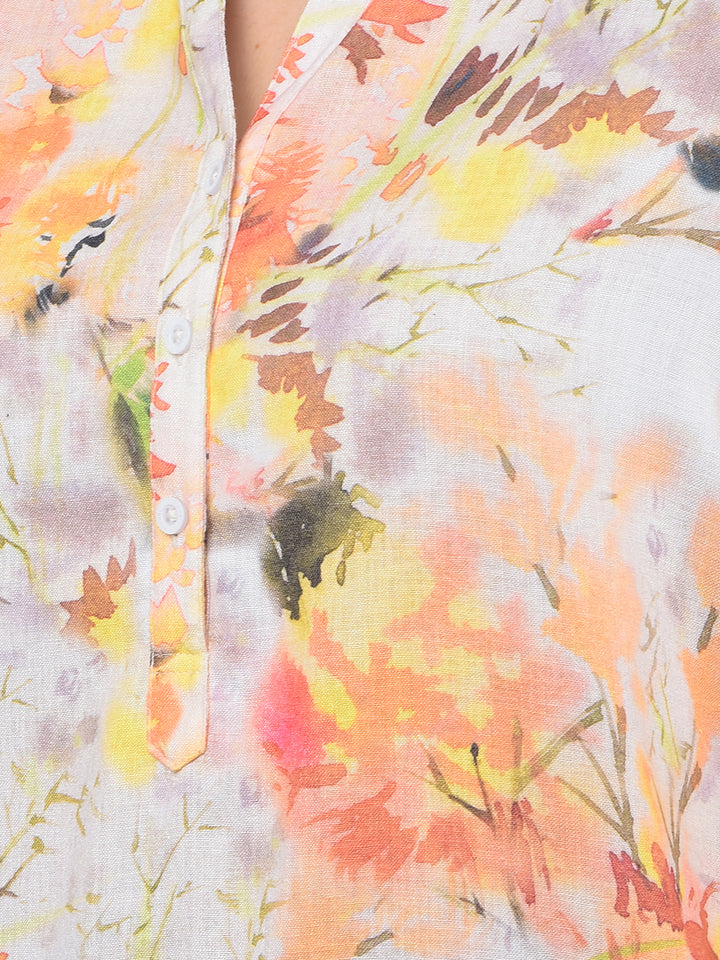 Orange Floral Print V-Neck Top-Women Tops-Crimsoune Club