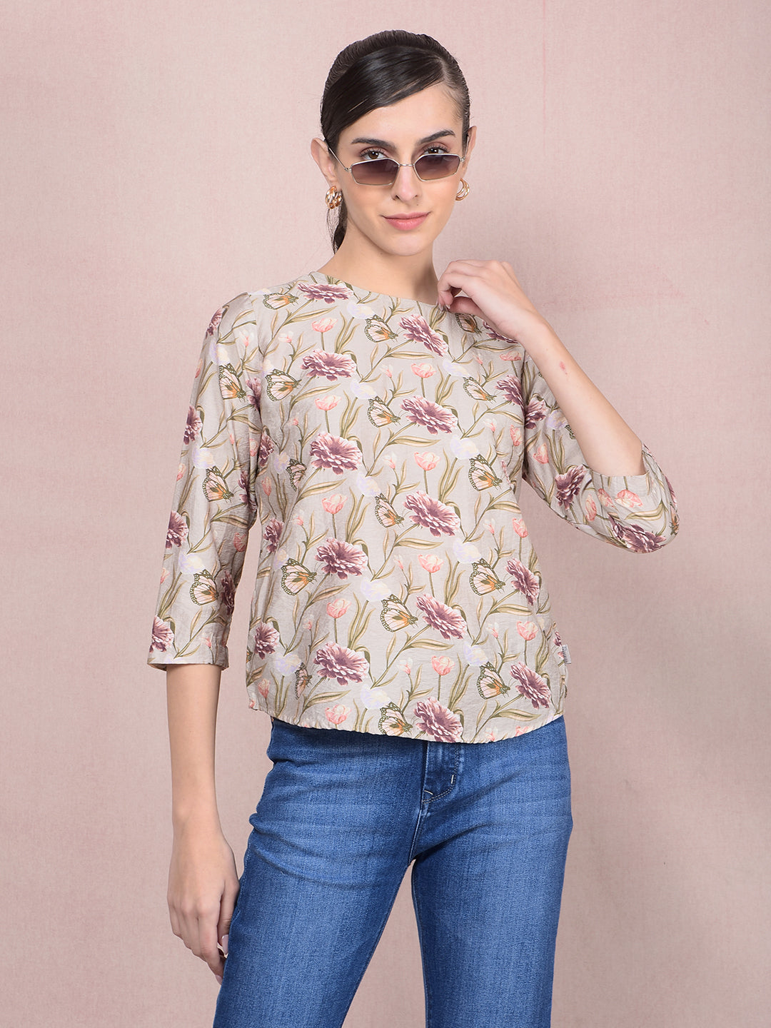 Green Floral Print Top-Women Tops-Crimsoune Club