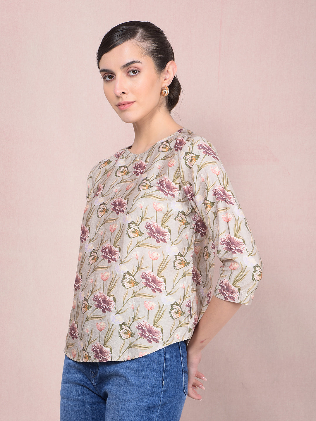 Green Floral Print Top-Women Tops-Crimsoune Club