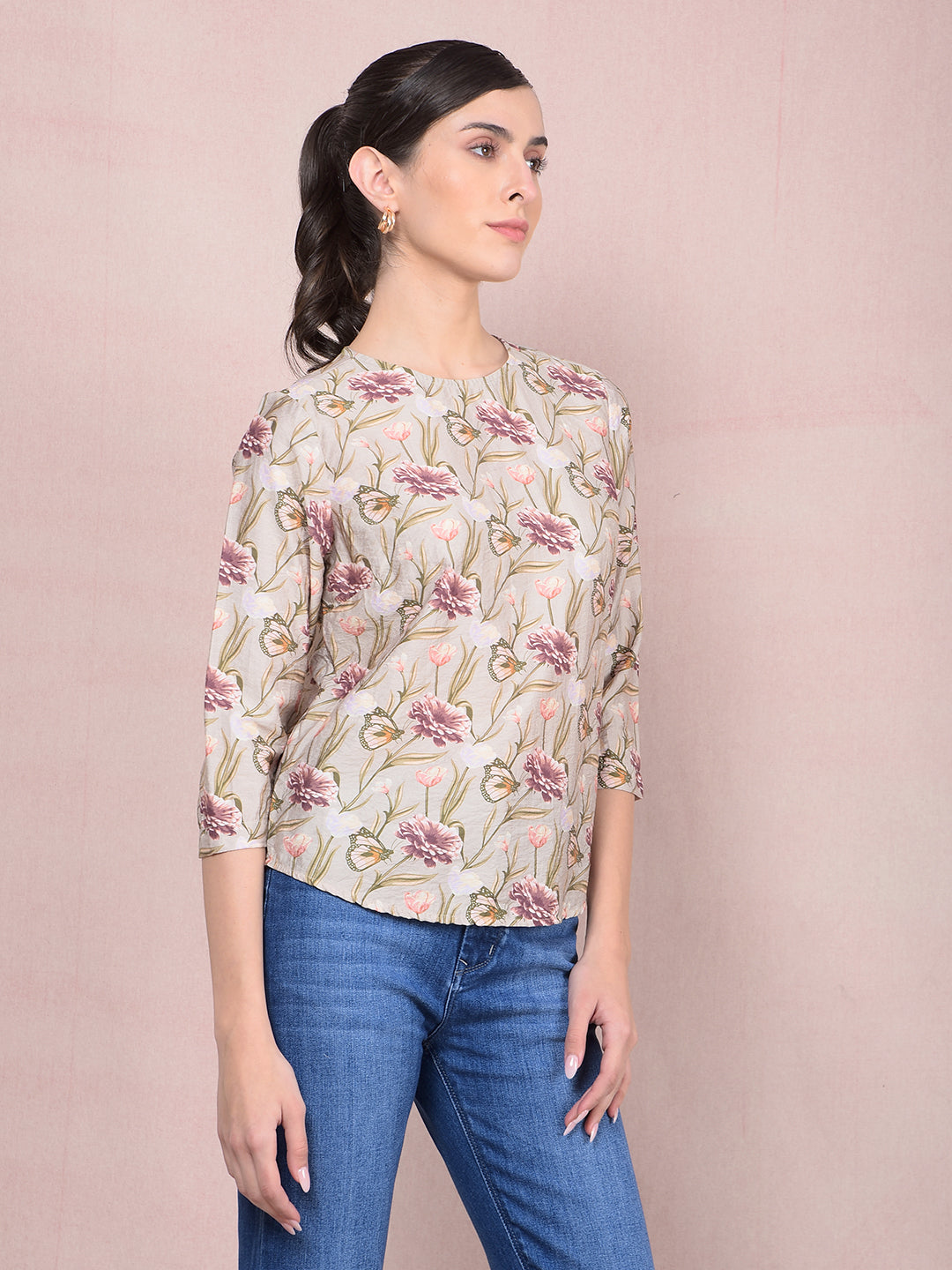 Green Floral Print Top-Women Tops-Crimsoune Club