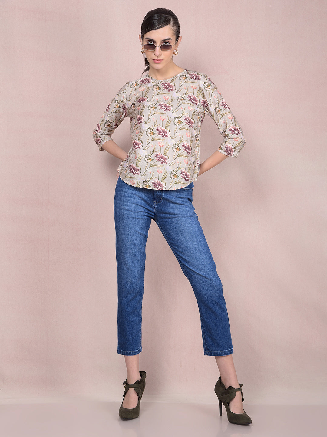 Green Floral Print Top-Women Tops-Crimsoune Club