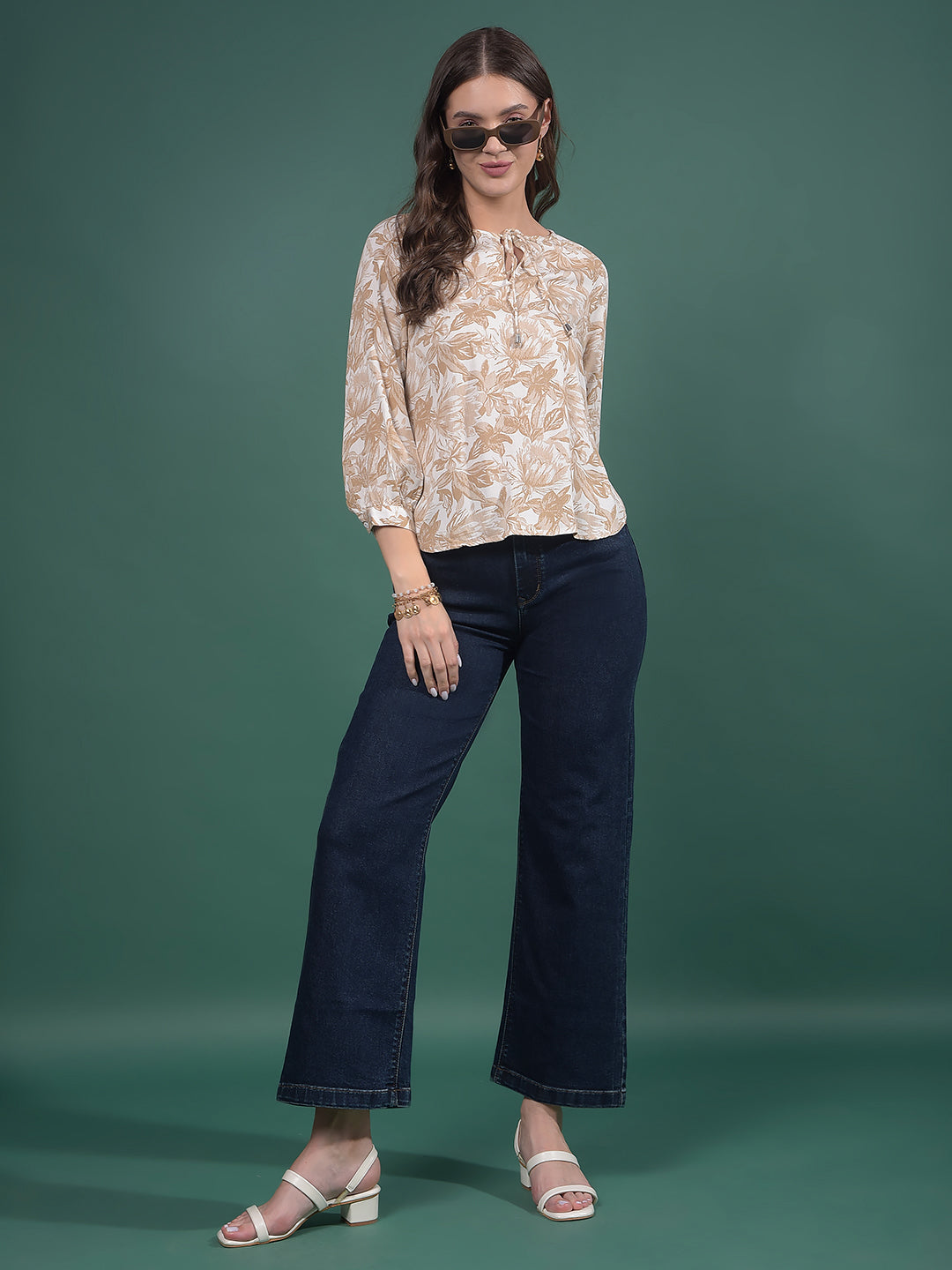 Brown Floral Print Top-Women Tops-Crimsoune Club