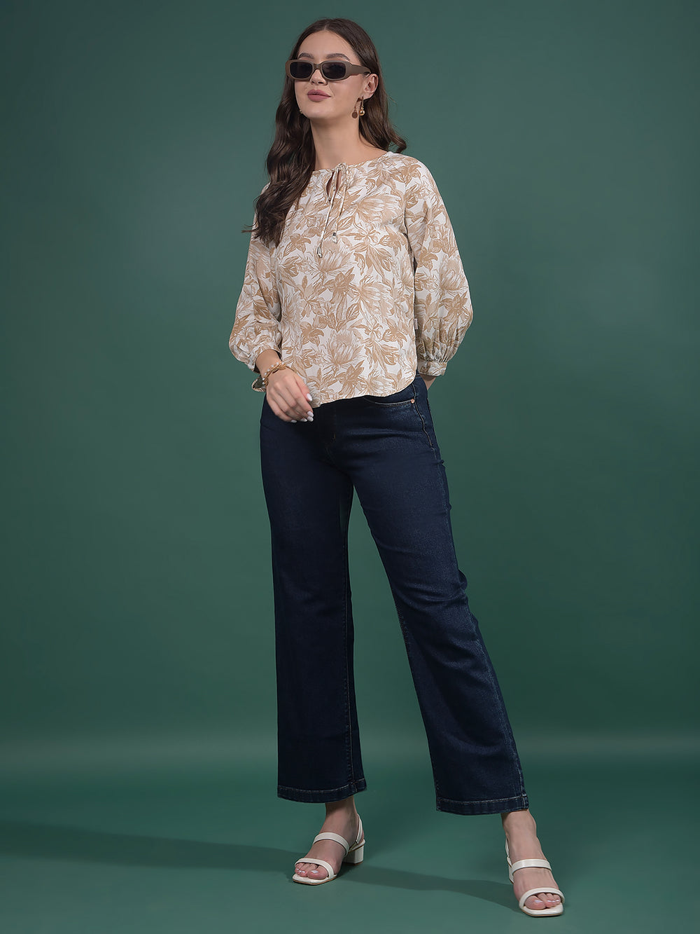 Brown Floral Print Top-Women Tops-Crimsoune Club