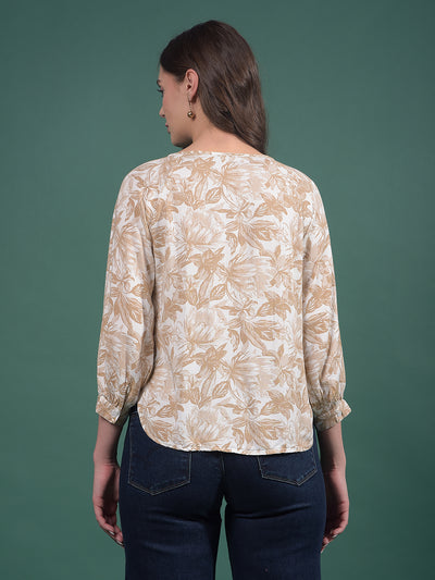 Brown Floral Print Top-Women Tops-Crimsoune Club