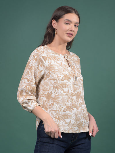 Brown Floral Print Top-Women Tops-Crimsoune Club