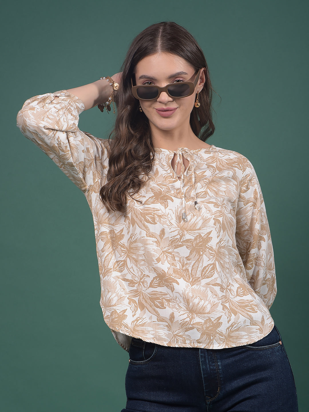 Brown Floral Print Top-Women Tops-Crimsoune Club