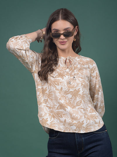 Brown Floral Print Top-Women Tops-Crimsoune Club