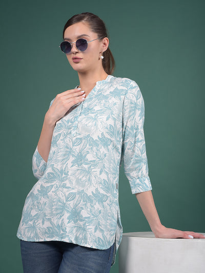 Green Floral Print V-Neck Top-Women Tops-Crimsoune Club