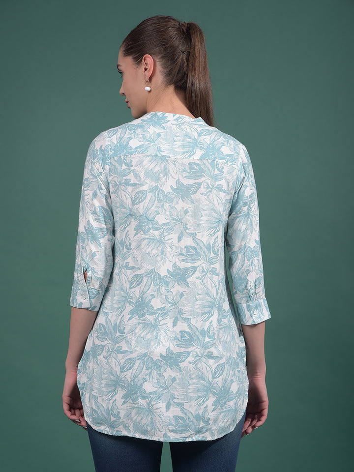 Green Floral Print V-Neck Top-Women Tops-Crimsoune Club