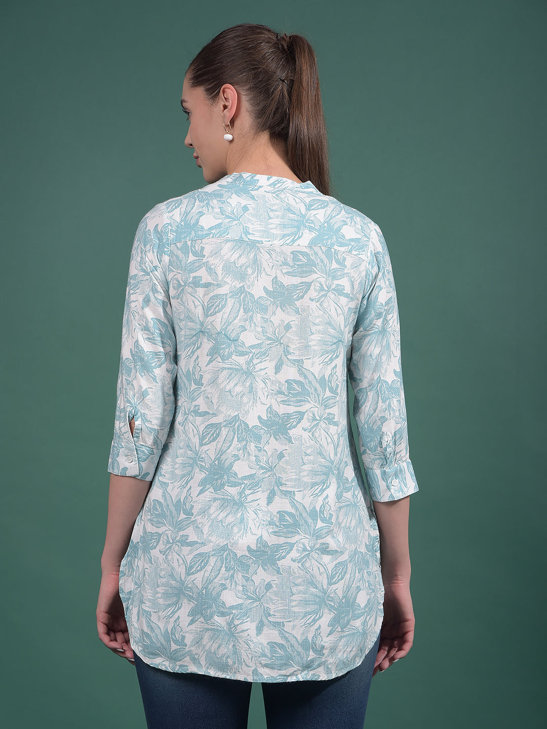 Green Floral Print V-Neck Top-Women Tops-Crimsoune Club