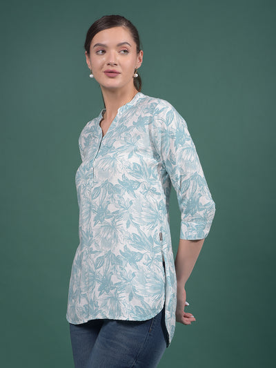 Green Floral Print V-Neck Top-Women Tops-Crimsoune Club