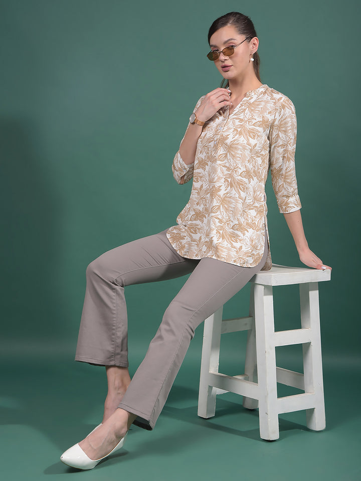 Brown Floral Print V-Neck Top-Women Tops-Crimsoune Club