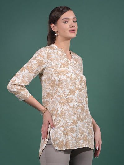 Brown Floral Print V-Neck Top-Women Tops-Crimsoune Club