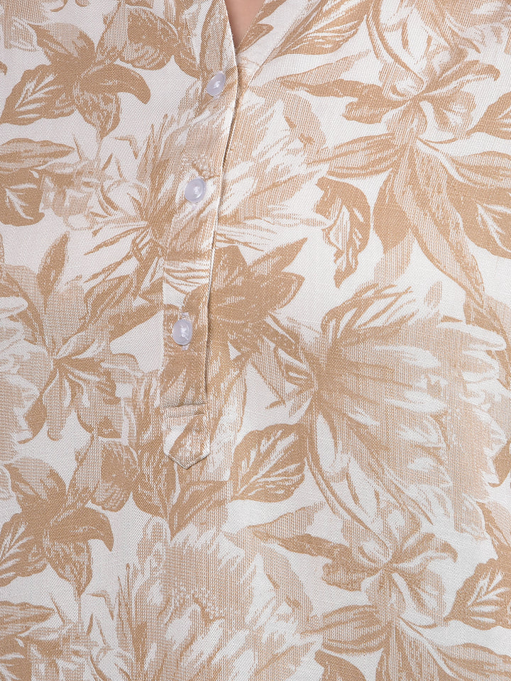 Brown Floral Print V-Neck Top-Women Tops-Crimsoune Club