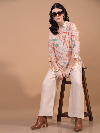 Women's Orange Floral Print V-Neck Top-Women Tops-Crimsoune Club
