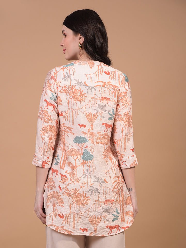 Women's Orange Floral Print V-Neck Top-Women Tops-Crimsoune Club