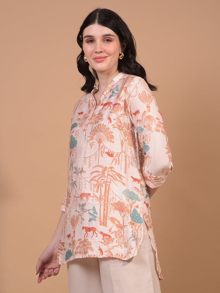 Women's Orange Floral Print V-Neck Top-Women Tops-Crimsoune Club