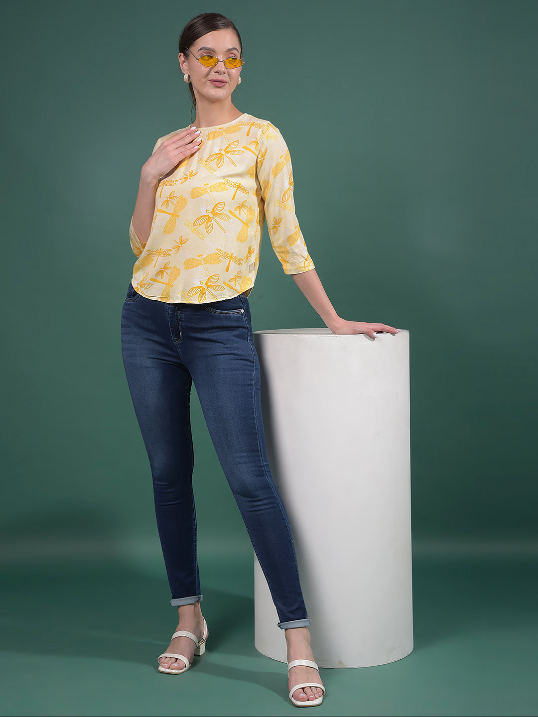 Mustard Printed Top-Women Tops-Crimsoune Club