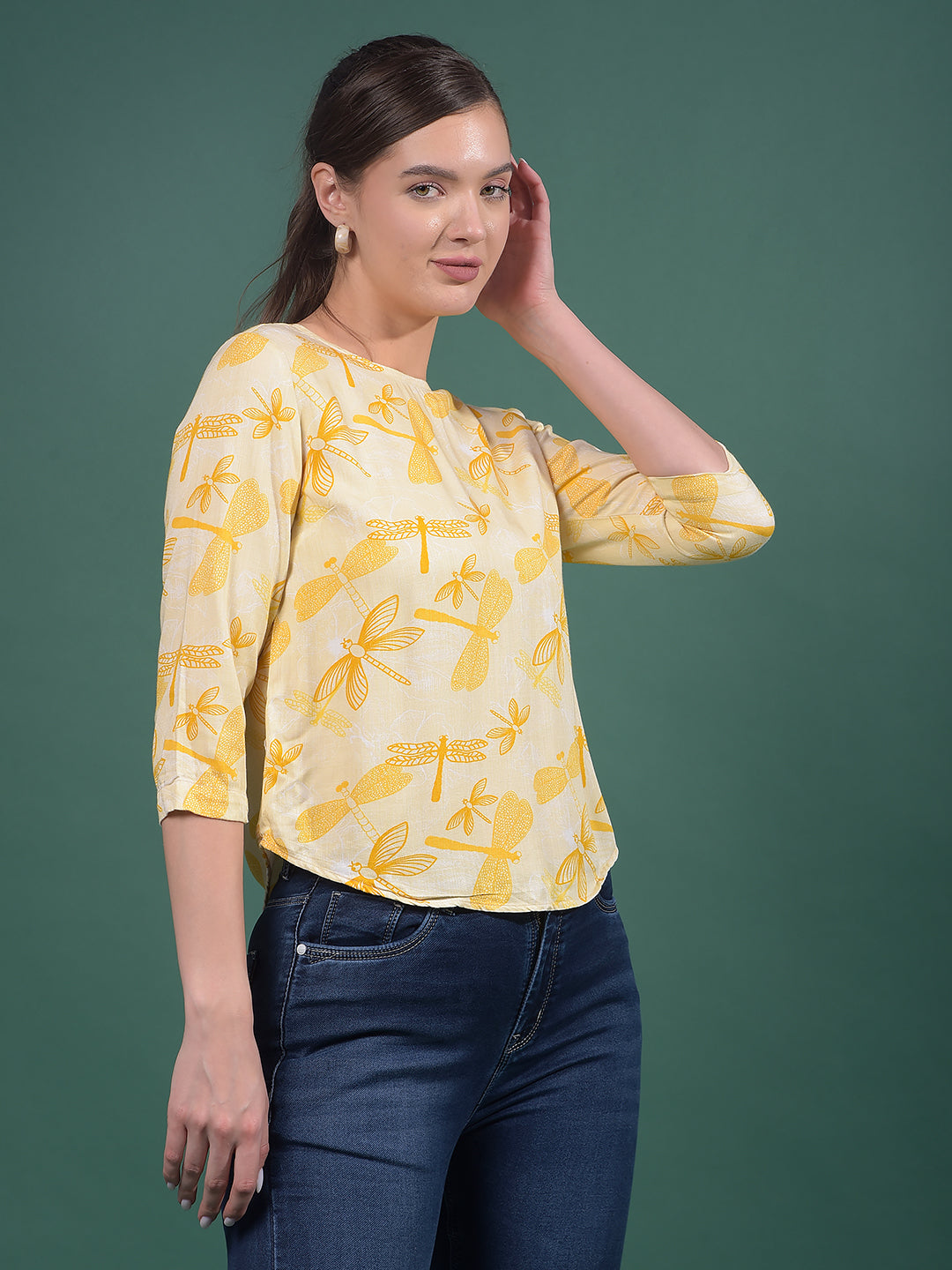 Mustard Printed Top-Women Tops-Crimsoune Club
